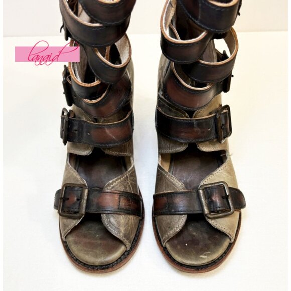 Freebird Steven Bond Stone Leather Distressed Strappy Edgy Buckles Ankle Chunky - Picture 10 of 16